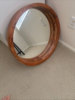 CB2 Round Wooden Framed Mirror - Warm Brown Wood Acacia wood